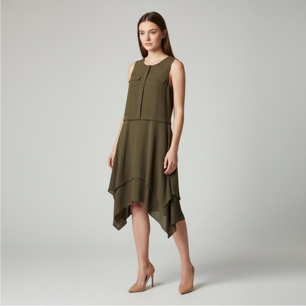 H&M Olive Green Hanker-chief Asymmetrical Hem Sleeveless MIDI Dress Size 8